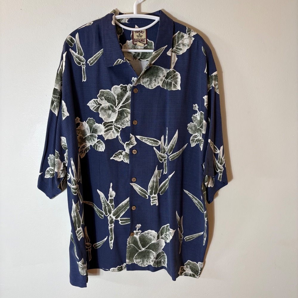 Tommy Bahama Silk Aloha Shirt Navy Blue Floral Bamboo Short Sleeve Men's XL